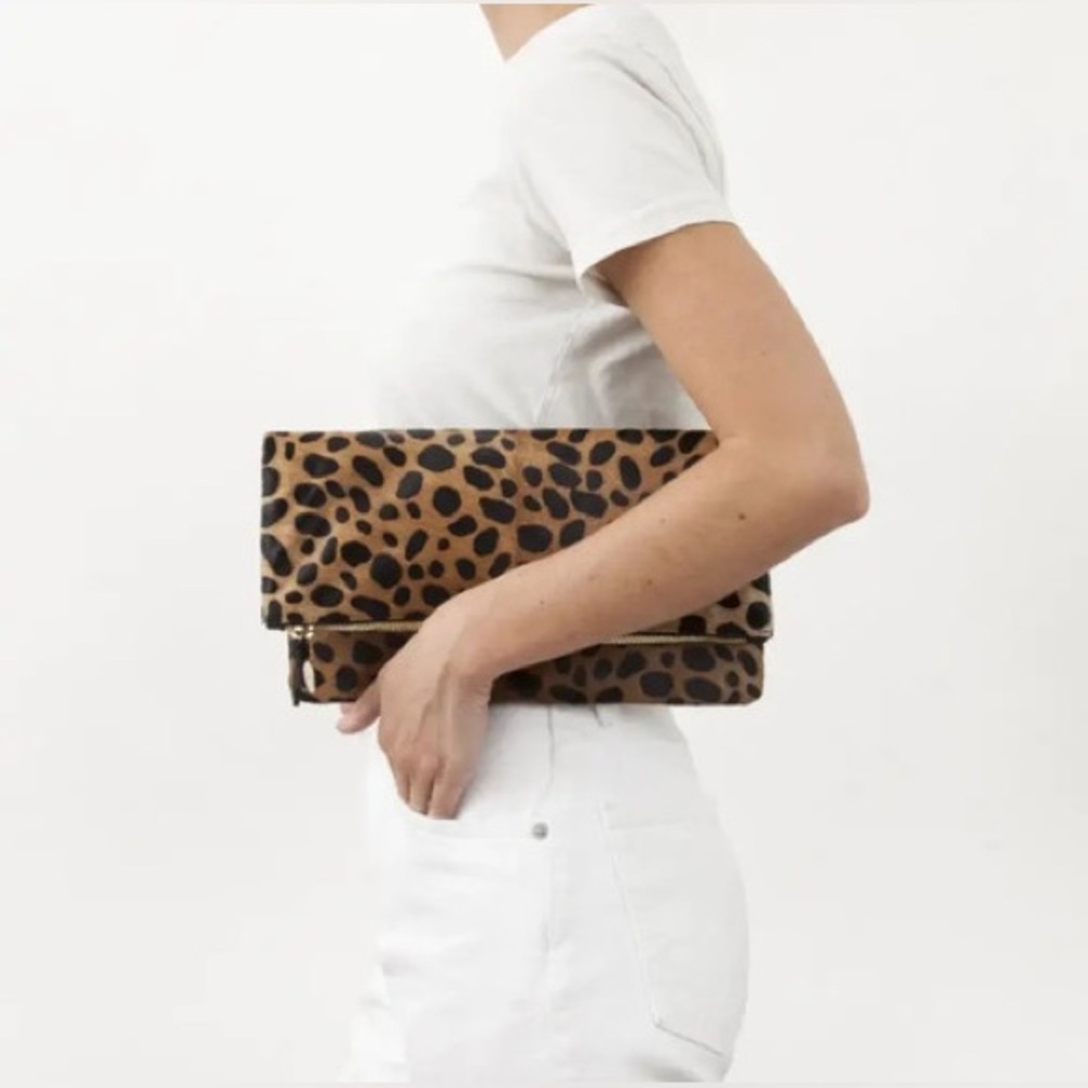NWT Clare V. Leopard Foldover Clutch calf hair - Picture 2 of 8